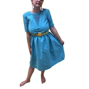 Vintage 80s San Age Teal A-Line Dress 12 Short Sleeve Midi Poly Cotton Blend
